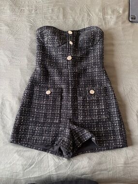 Miss Selfridge Black and White Tweed Strapless Romper with Gold Button